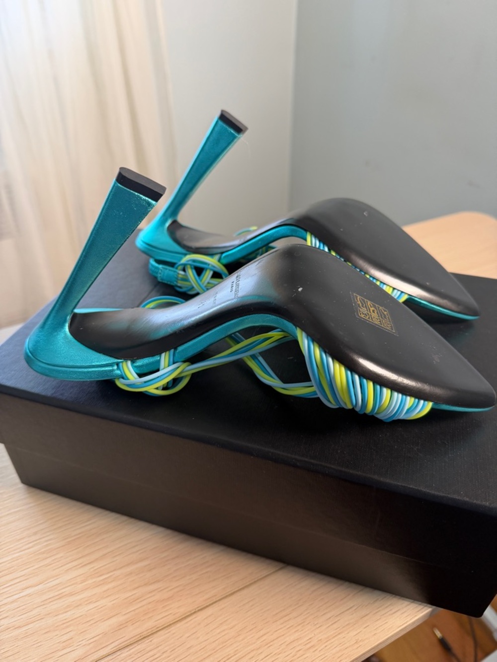 Saint Laurent Teal Sandal with Yellow & Blue Braided Straps - Picture 7 of 8